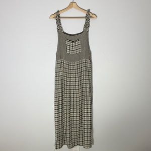 Vintage Green & Tan Plaid Maxi Jumper Dress w/ Tie Waist & Ruffle Detail Straps